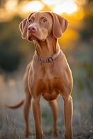 A majestic dog stands proudly in a field at sunset, capturing the beauty of a golden hour photo