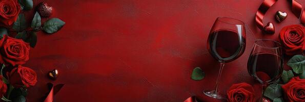 Romantic arrangement of red roses and glasses on a deep red background for a special occasion photo