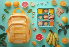 Colorful lunchbox filled with fruits and cookies surrounded by a cheerful yellow backpack photo