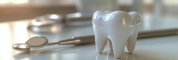 A detailed view of a ceramic tooth model on a countertop with dental tools in a clinic setting photo