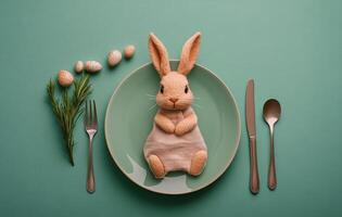 A decorative setting featuring a white rabbit sculpture on a green plate with eggs and utensils photo