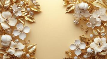 Elegant golden floral arrangement with white flowers on a soft golden background photo