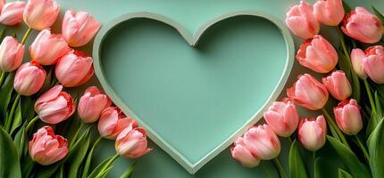 Romantic arrangement of pink tulips forming a heart on a green background during spring season photo