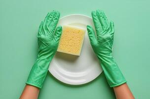 Hands in green gloves placing a bright yellow sponge on a white plate against a green background photo