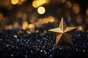 Golden star resting on a bed of sparkling black glitter in a festive setting during the evening photo