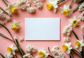Bright white card surrounded by daffodils on a pink background during springtime photo