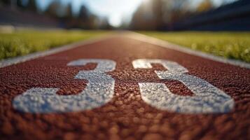 Runner on a track during sunset with a blurred focus on numbered lane markings and nature photo