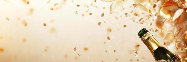 Celebratory champagne bottle surrounded by confetti and ribbons at a festive event photo