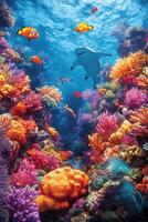 Colorful coral reef teeming with marine life in clear blue water during midday sunlight photo