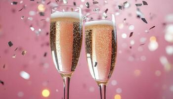 Celebration with sparkling drinks and confetti in a festive setting for a joyful occasion photo