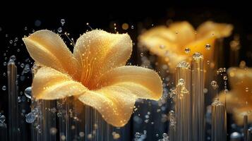 Detailed close up of a vibrant yellow flower with water droplets showcasing delicate textures photo