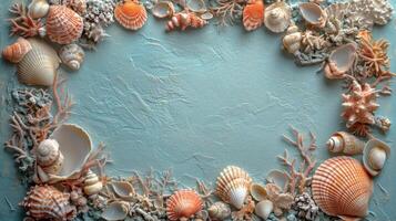 Decorative arrangement of seashells and coral on a textured background showcasing ocean life photo