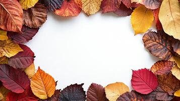 Autumn leaves arranged in a decorative border on a neutral background during fall season photo