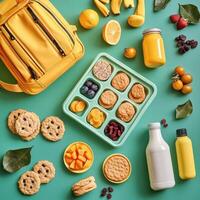 Colorful school lunch setup with fresh fruits and snacks on a teal background photo