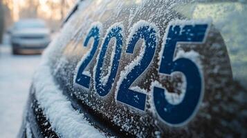 Snow covered numbers 2025 on a black surface during winter with falling snowflakes in the background photo