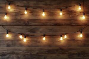 Warm string lights illuminate a rustic wooden wall in a cozy indoor setting at night photo