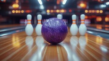 Purple bowling ball rolling down lane with pins in background at bowling alley during evening hours photo