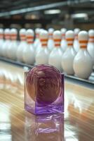 A vivid bowling ball perched atop a purple cube in a lively bowling alley during the evening photo