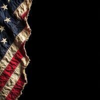 Worn American flag with visible textures against a dark background in a reflective display photo