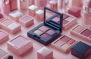 Elegant display of various cosmetics arranged on a soft pink background during daylight photo