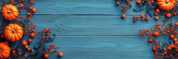 Vibrant orange pumpkins and autumn leaves arranged on a bright blue wooden table in fall photo