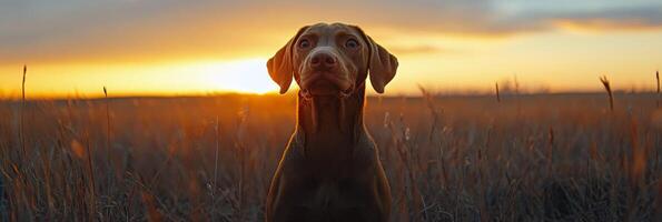 A dog enjoying a peaceful sunset in an open field during late afternoon hours photo