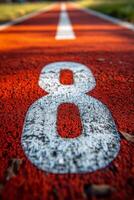 Red running track with lane number eight visible during cloudy weather photo