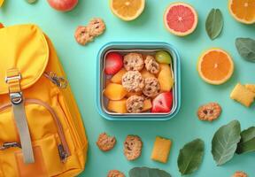 Colorful lunchbox filled with fruits and cookies surrounded by a cheerful yellow backpack photo