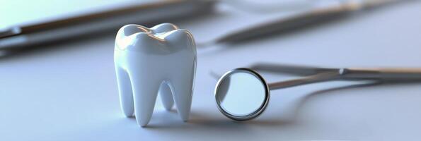 A detailed view of a ceramic tooth model on a countertop with dental tools in a clinic setting photo