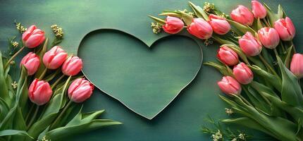 Romantic arrangement of pink tulips forming a heart on a green background during spring season photo