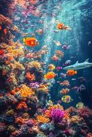 Colorful coral reef teeming with marine life in clear blue water during midday sunlight photo
