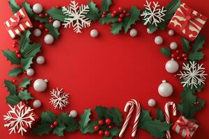 Decorated holiday gift arrangement with festive elements on a vibrant red background photo