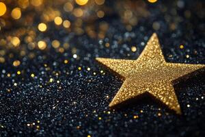 Golden star resting on a bed of sparkling black glitter in a festive setting during the evening photo