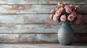A bouquet of pink roses in a vase on a wooden table against a rustic backdrop photo