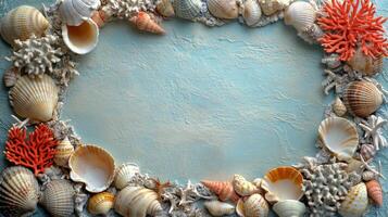 Decorative arrangement of seashells and coral on a textured background showcasing ocean life photo