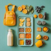 Colorful school lunch setup with fresh fruits and snacks on a teal background photo