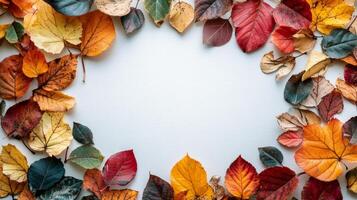 Autumn leaves arranged in a decorative border on a neutral background during fall season photo