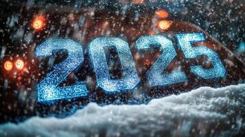 Snow covered numbers 2025 on a black surface during winter with falling snowflakes in the background photo