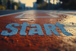 Close up of a weathered track start line marked on a red surface during early morning light photo