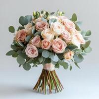 Elegant bouquet of soft pink and cream roses with eucalyptus leaves arranged for special occasions photo