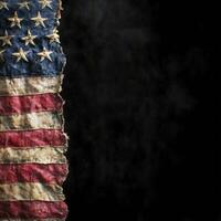 Worn American flag with visible textures against a dark background in a reflective display photo