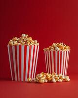 Freshly popped caramel popcorn in striped containers on a vibrant red background photo
