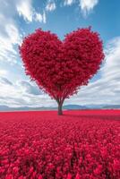A heart shaped tree stands amidst a vibrant field of red flowers under a blue sky photo