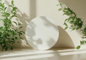 Circular white object on a table surrounded by green plants in natural light at midday photo