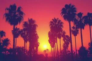 Palm trees in vibrant sunset colors illuminating the sky along a tropical beach photo