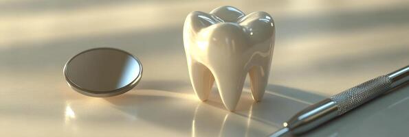 A detailed view of a ceramic tooth model on a countertop with dental tools in a clinic setting photo