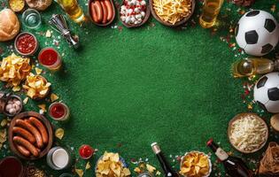 Gathering of snacks and drinks for a football match viewing party on green grass photo