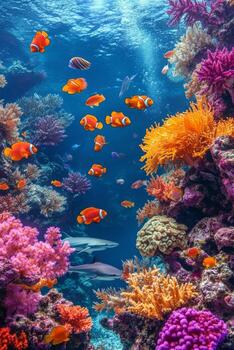 Vibrant coral reef teeming with colorful fish in clear ocean waters during daylight hours photo
