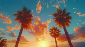 Golden sunset over palm trees in a tropical paradise with vibrant colors in the sky photo