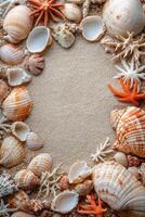 A beautiful arrangement of seashells and coral with a textured blue background photo